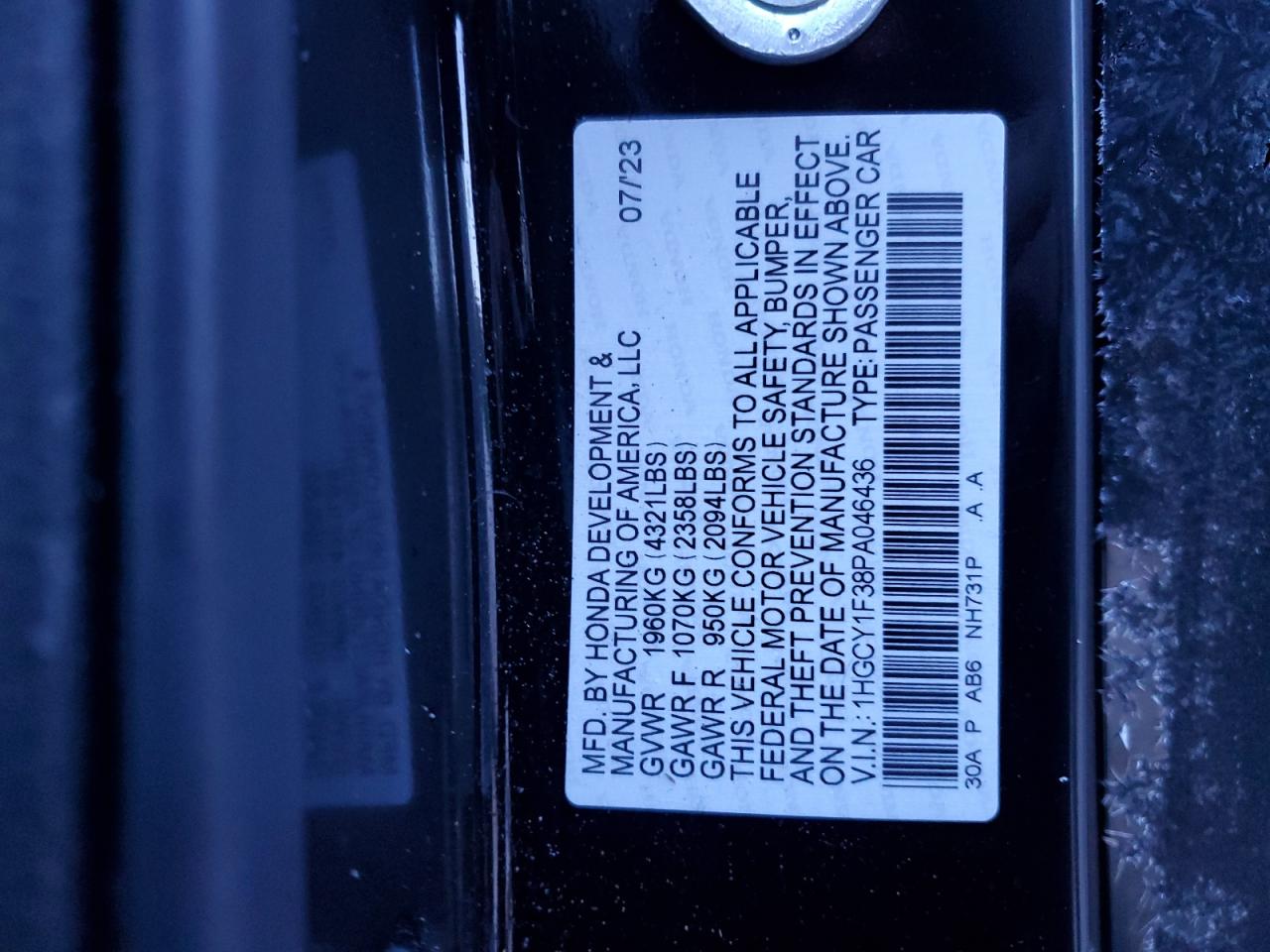 2023 HONDA ACCORD EX VIN:1HGCY1F38PA046436
