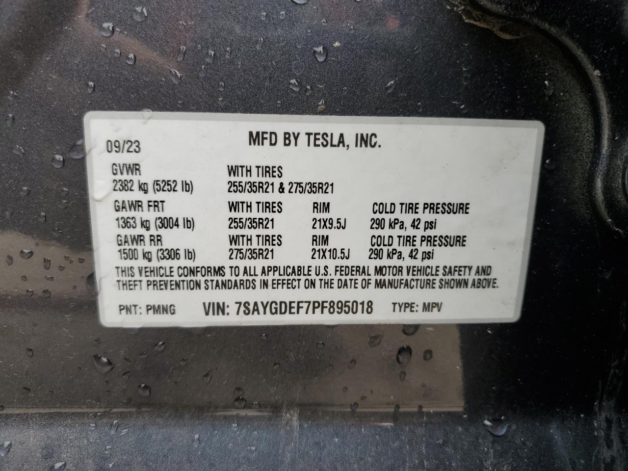 2023 TESLA MODEL Y VIN:7SAYGDEF7PF895018
