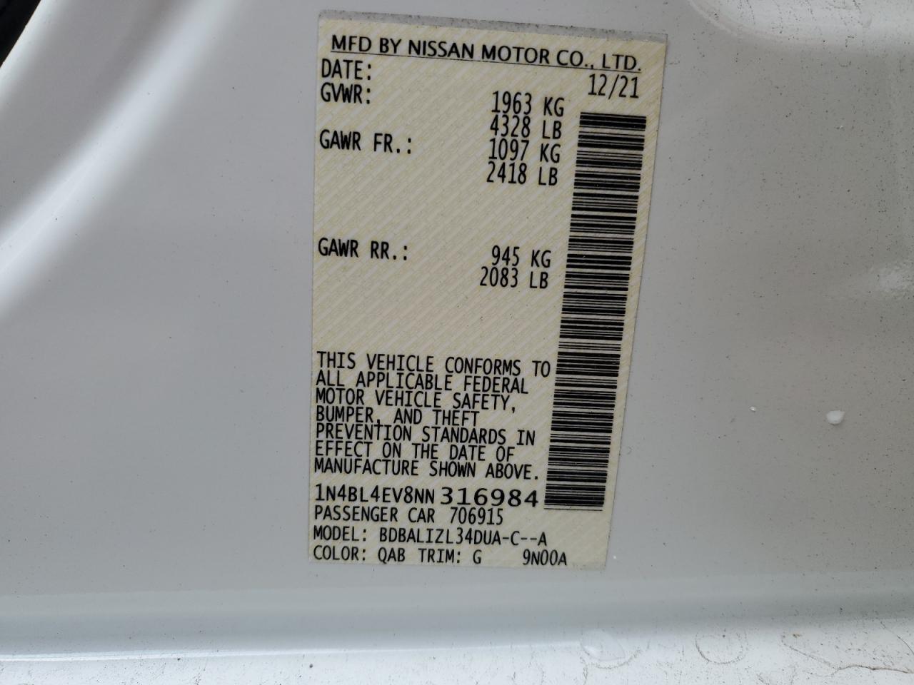 2022 NISSAN ALTIMA SL VIN:1N4BL4EV8NN316984