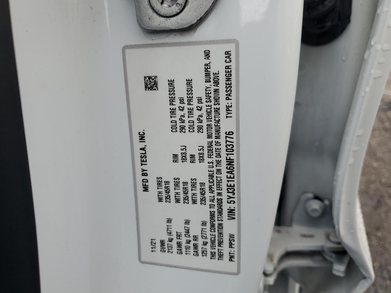 2022 TESLA MODEL 3 VIN:5YJ3E1EA6NF103776