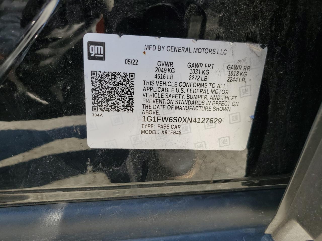 2022 CHEVROLET BOLT EV 1LT VIN:1G1FW6S0XN4127629