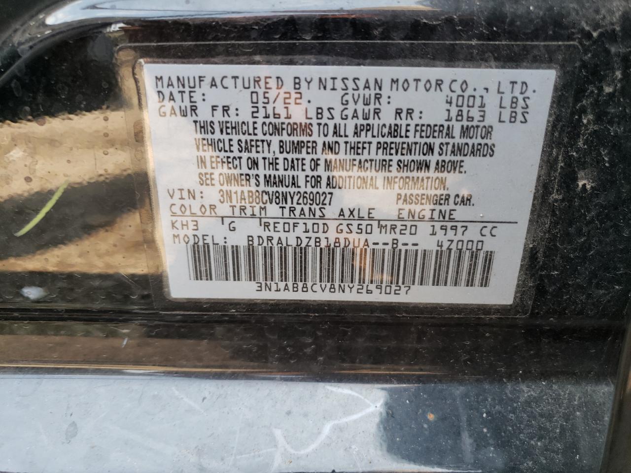 2022 NISSAN SENTRA SV VIN:3N1AB8CV8NY269027