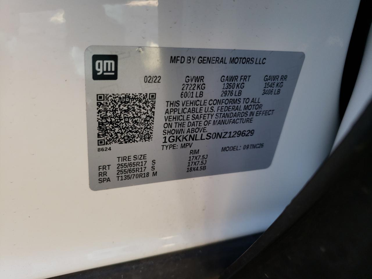 2022 GMC ACADIA AT4 VIN:1GKKNLLS0NZ129629