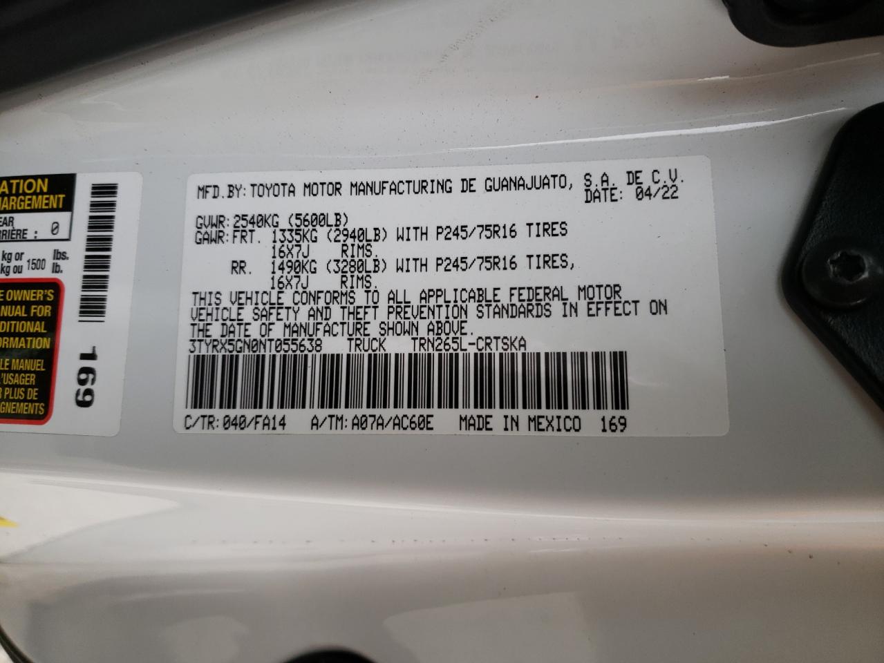 2022 TOYOTA TACOMA ACCESS CAB VIN:3TYRX5GN0NT055638