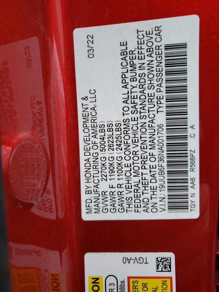 2022 ACURA TLX VIN:19UUB6F36NA001706