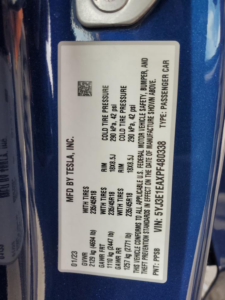 2023 TESLA MODEL 3 VIN:5YJ3E1EAXPF480338