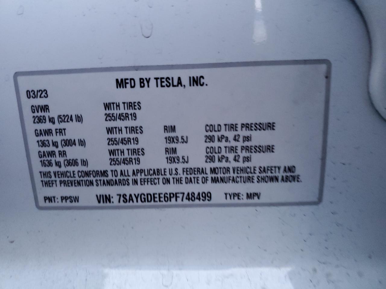 2023 TESLA MODEL Y VIN:7SAYGDEE6PF748499