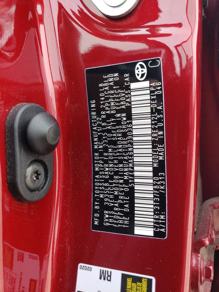 2022 TOYOTA COROLLA LE VIN:5YFEPMAE6NP390361