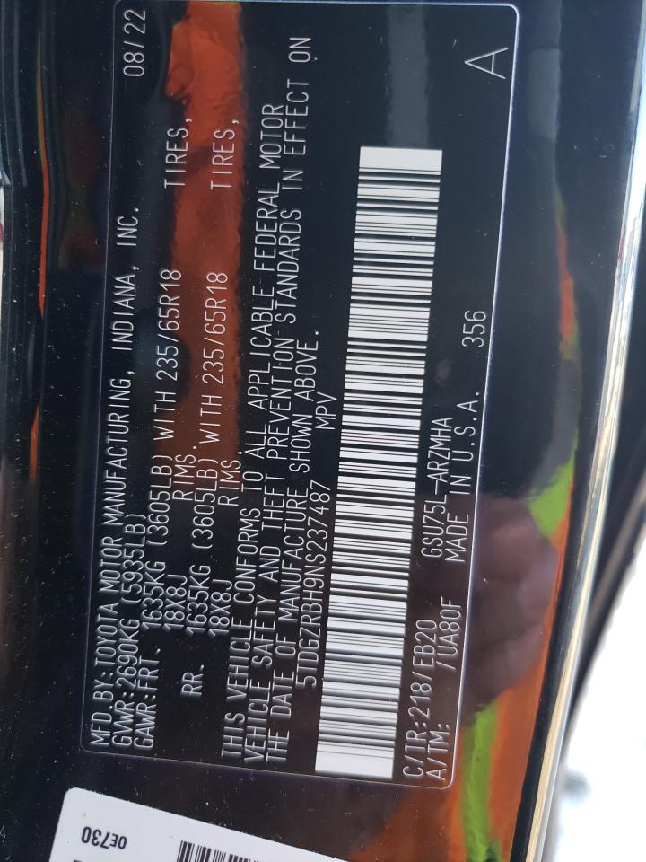 2022 TOYOTA HIGHLANDER XLE VIN:5TDGZRBH9NS237487