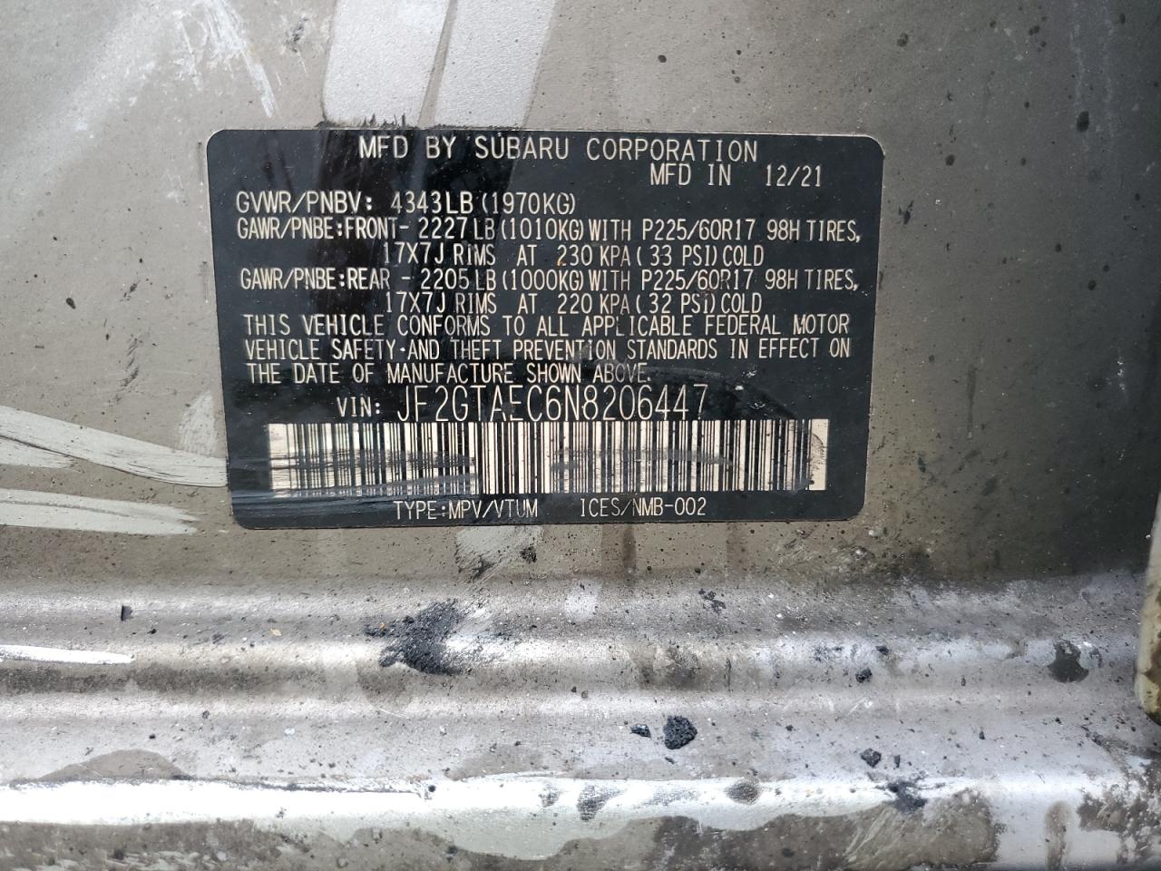 2022 SUBARU CROSSTREK PREMIUM VIN:JF2GTAEC6N8206447