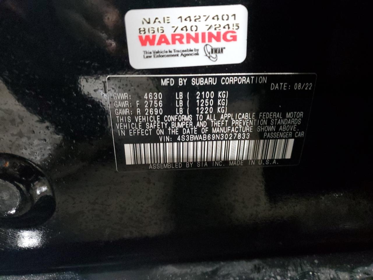 2022 SUBARU LEGACY VIN:4S3BWAB69N3027833
