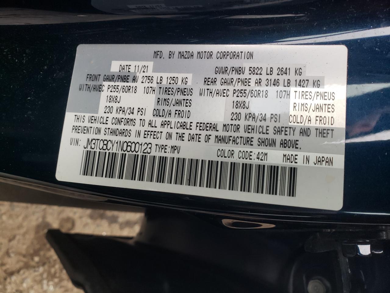 2022 MAZDA CX-9 TOURING VIN:JM3TCBCY1N0600123