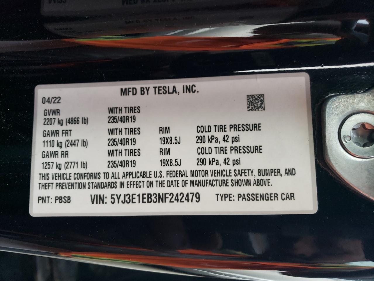 2022 TESLA MODEL 3 VIN:5YJ3E1EB3NF242479