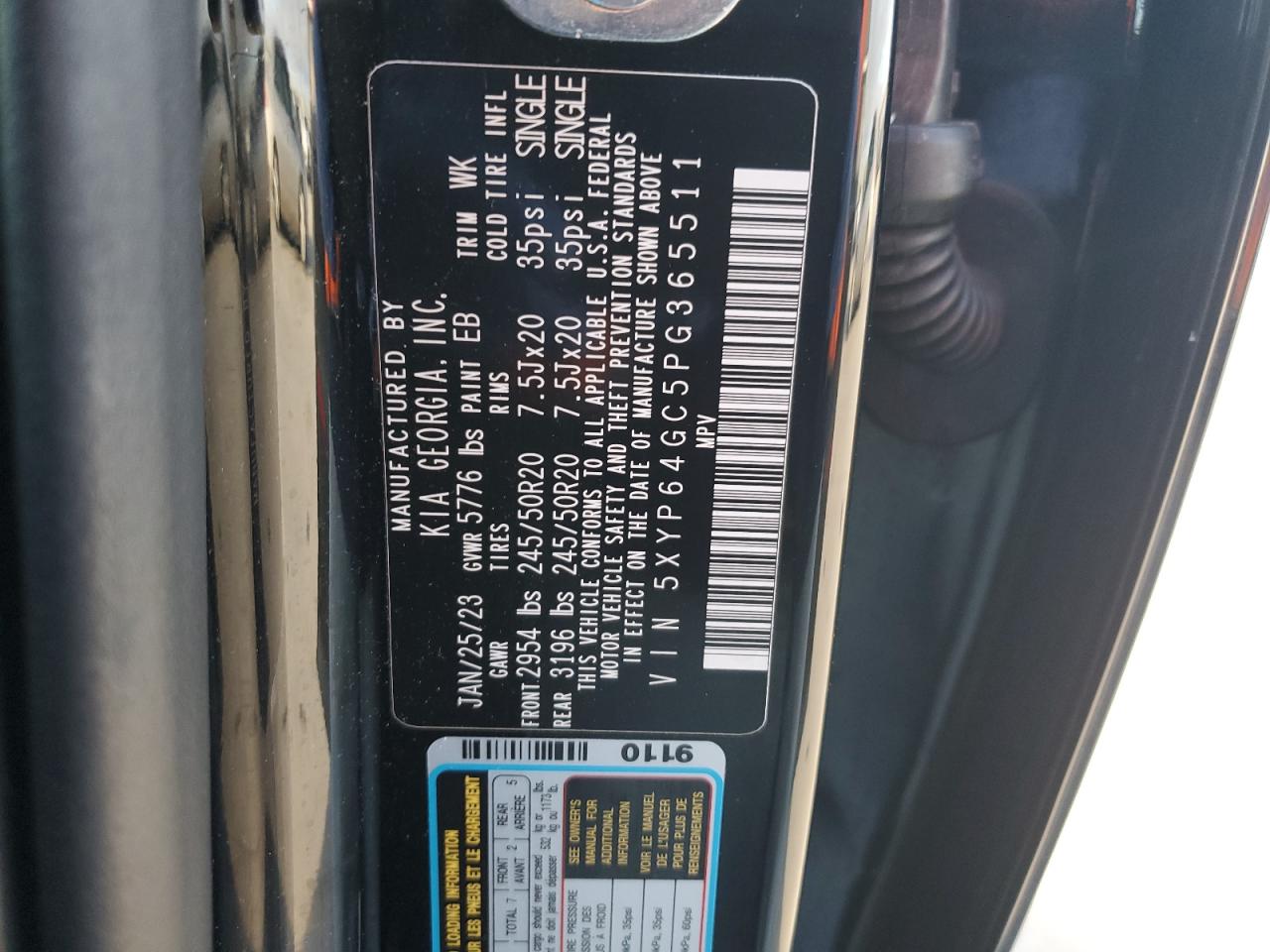 2023 KIA TELLURIDE S VIN:5XYP64GC5PG365511