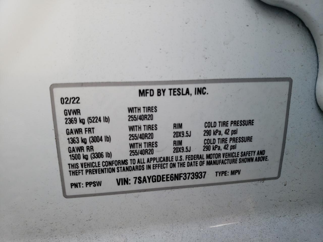 2022 TESLA MODEL Y VIN:7SAYGDEE6NF373937