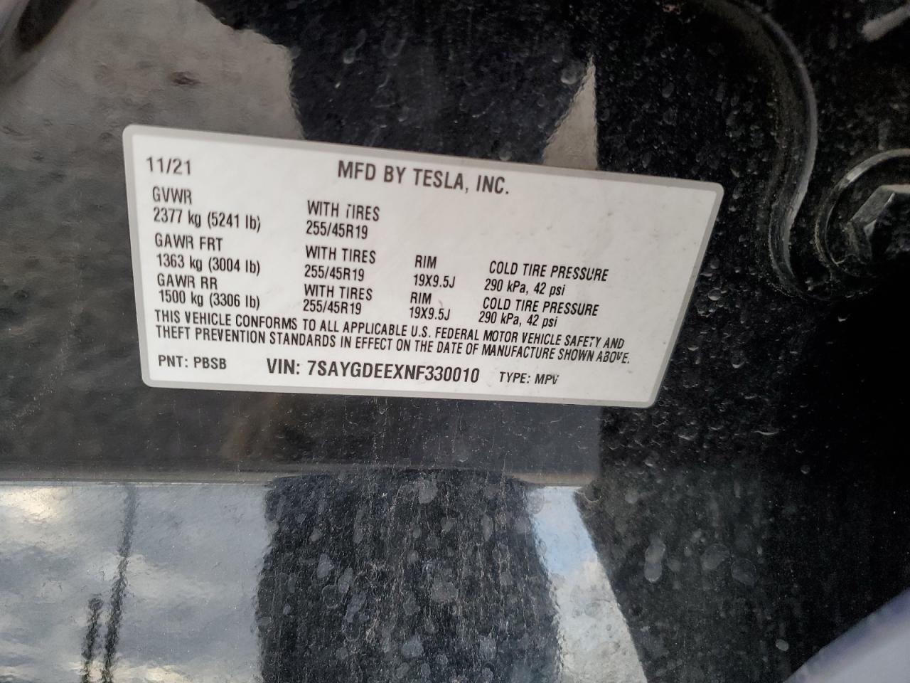 2022 TESLA MODEL Y VIN:7SAYGDEEXNF330010