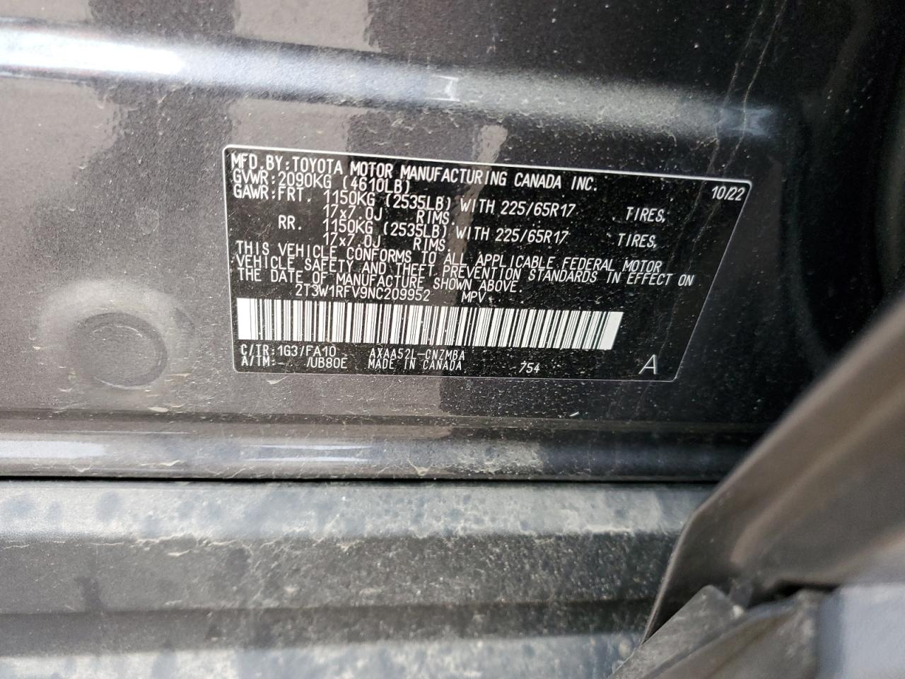 2022 TOYOTA RAV4 XLE VIN:2T3W1RFV9NC209952