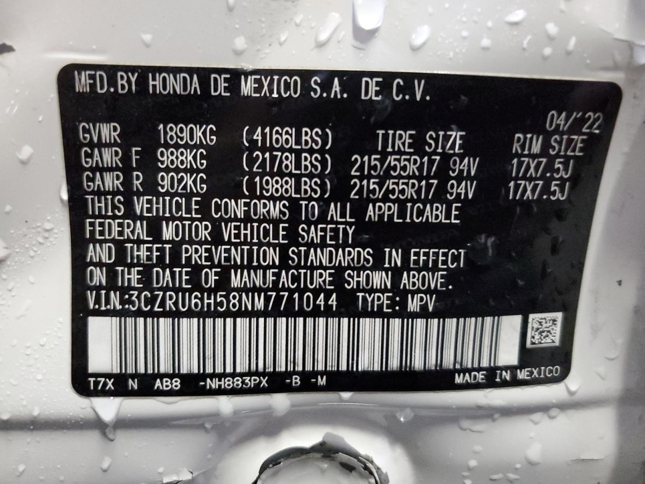 2022 HONDA HR-V EX VIN:3CZRU6H58NM771044