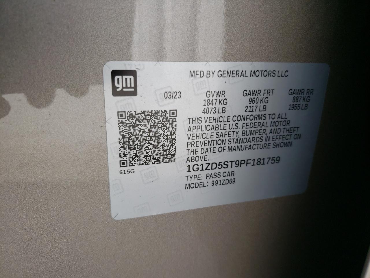 2023 CHEVROLET MALIBU LT VIN:1G1ZD5ST9PF181759