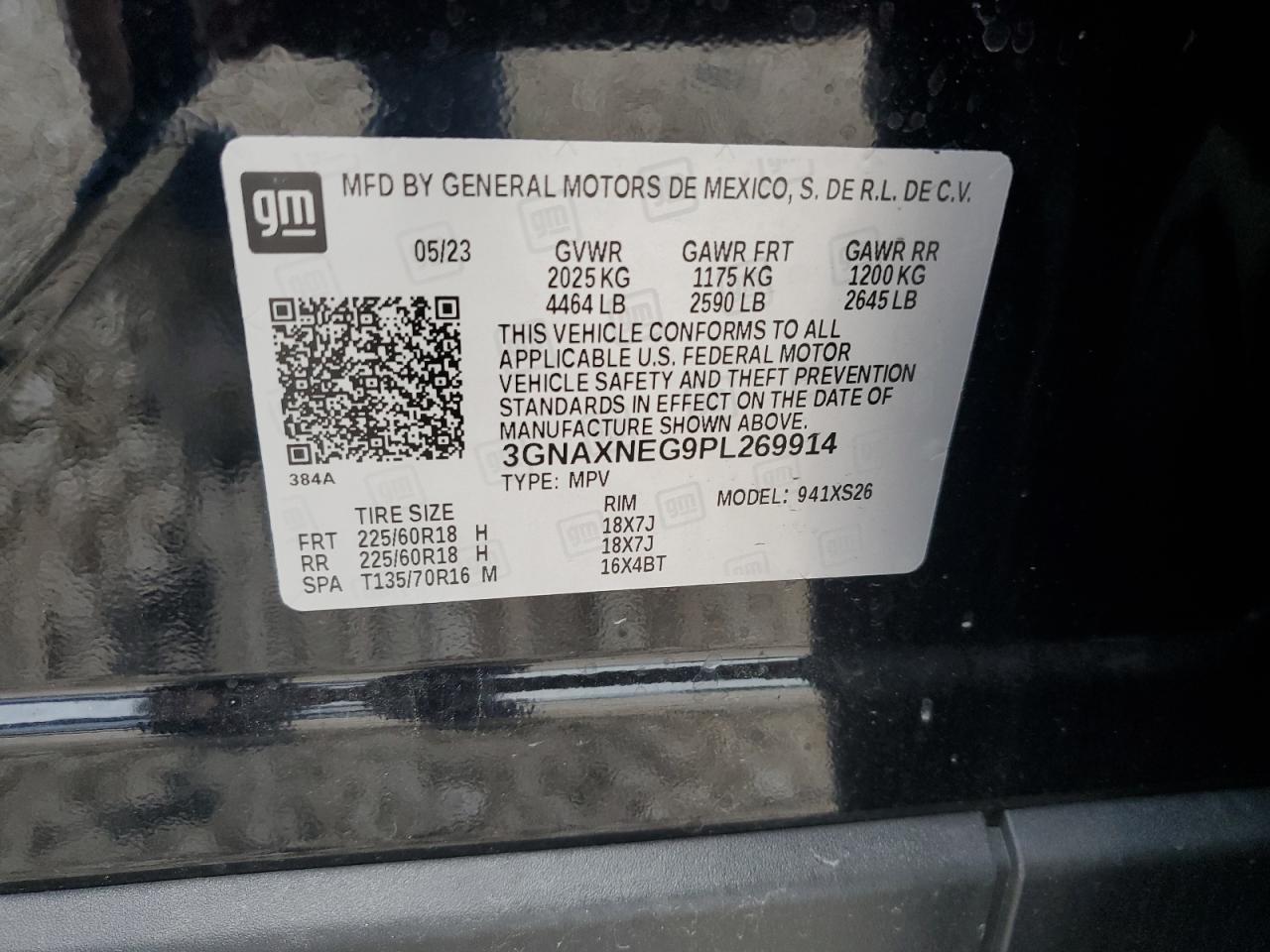 2023 CHEVROLET EQUINOX PREMIER VIN:3GNAXNEG9PL269914