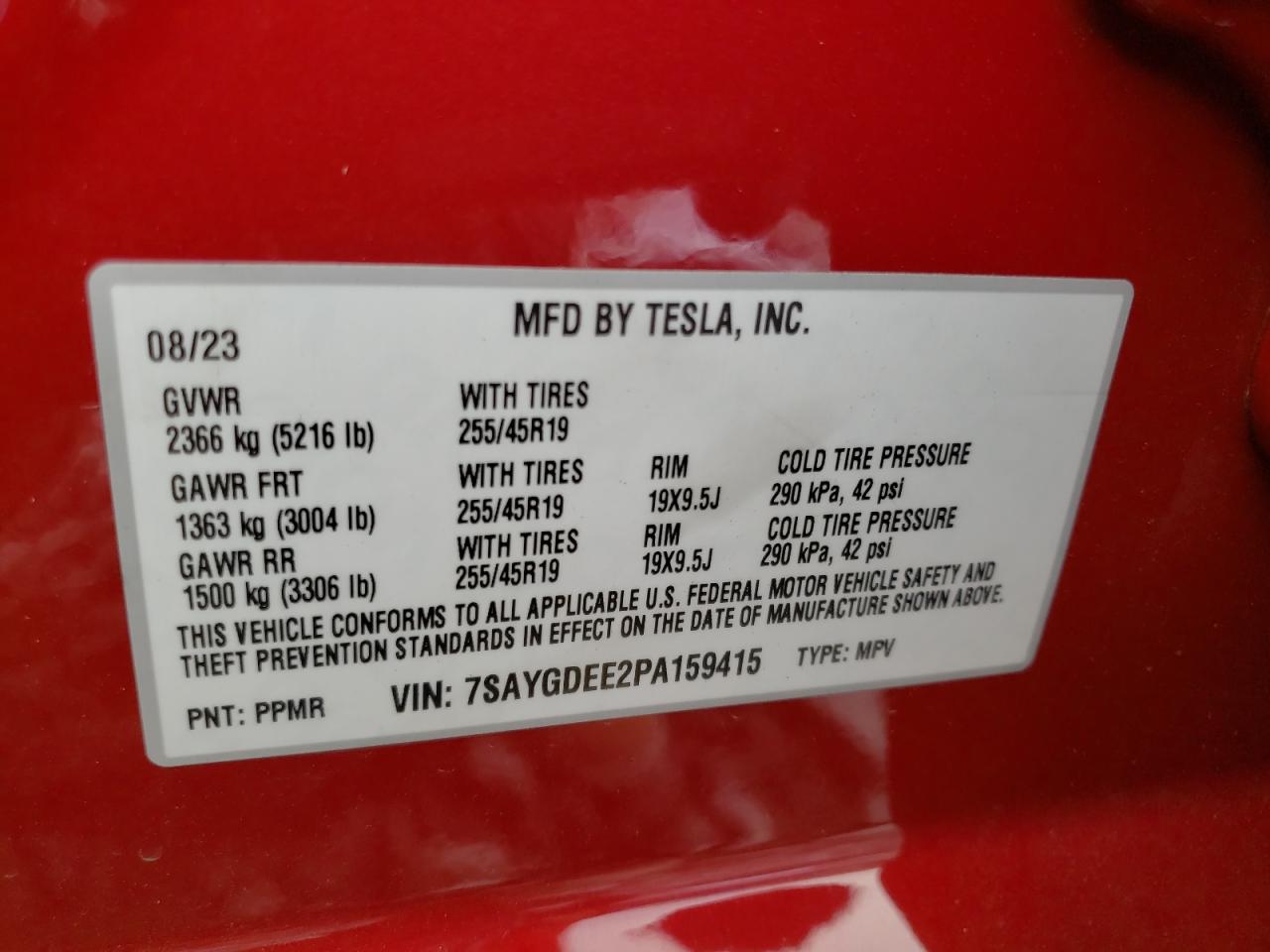 2023 TESLA MODEL Y VIN:7SAYGDEE2PA159415