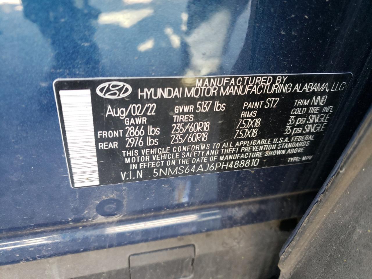2023 HYUNDAI SANTA FE XRT VIN:5NMS64AJ6PH488810