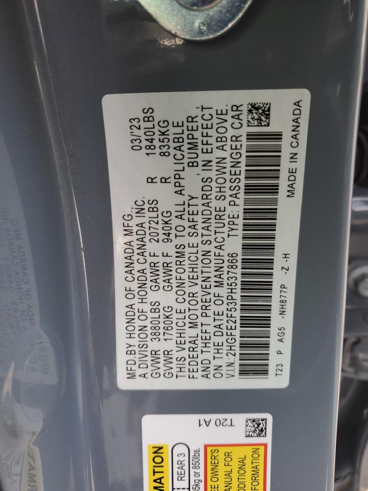 2023 HONDA CIVIC SPORT VIN:2HGFE2F53PH537866