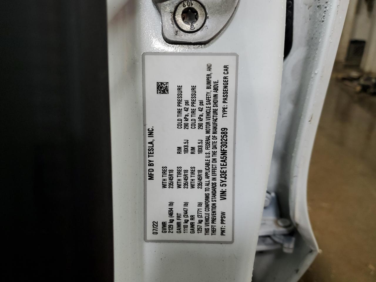 2022 TESLA MODEL 3 VIN:5YJ3E1EA5NF302589
