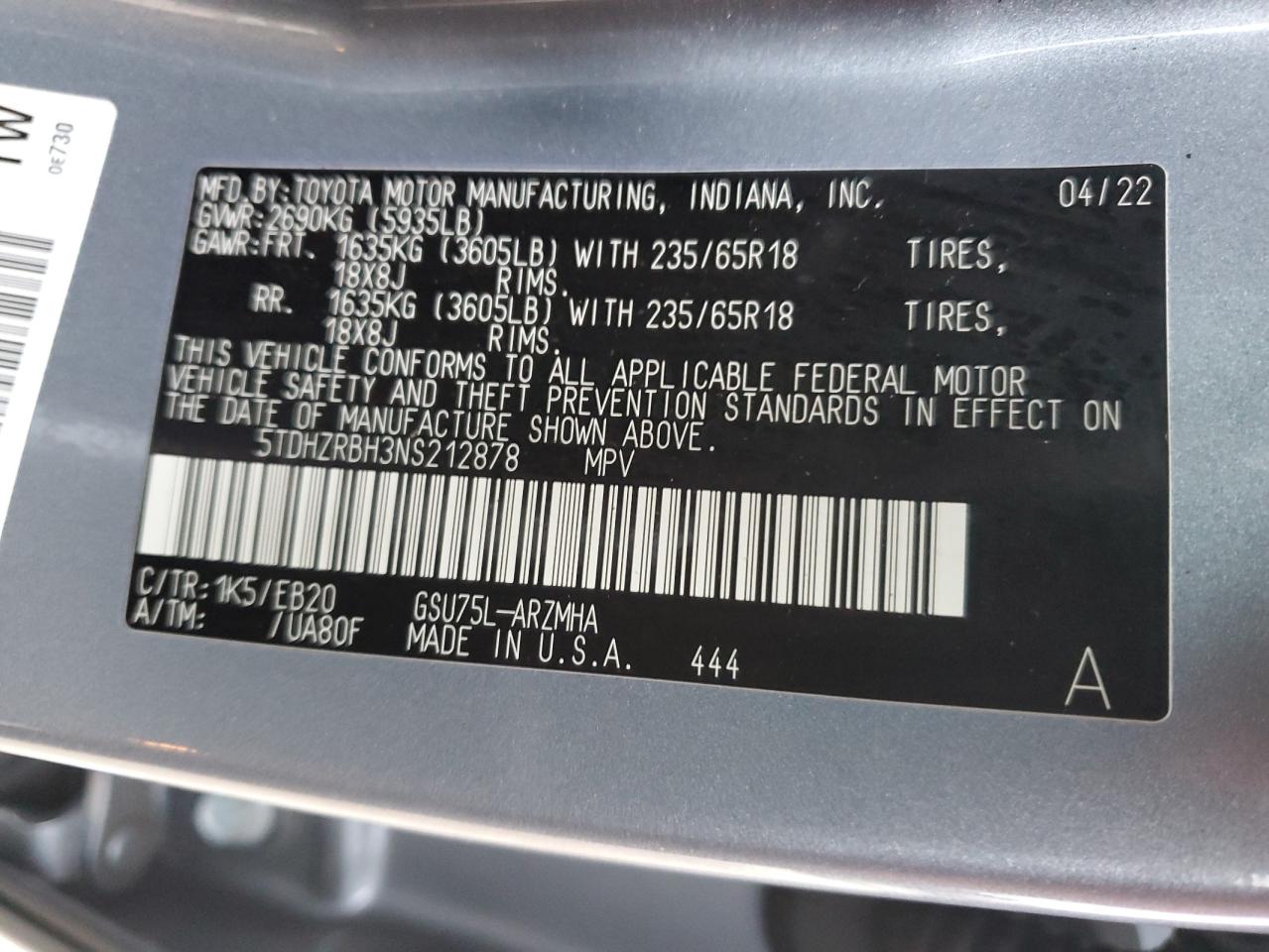 2022 TOYOTA HIGHLANDER XLE VIN:5TDHZRBH3NS212878