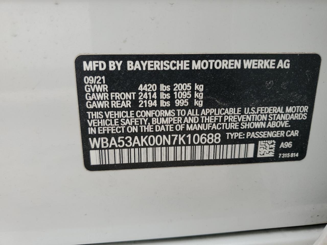 2022 BMW 228I VIN:WBA53AK00N7K10688