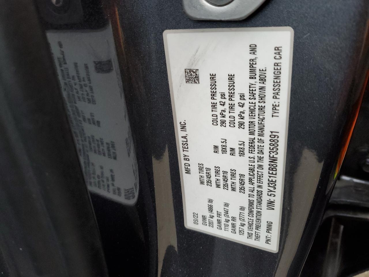 2022 TESLA MODEL 3 VIN:5YJ3E1EB8NF358891