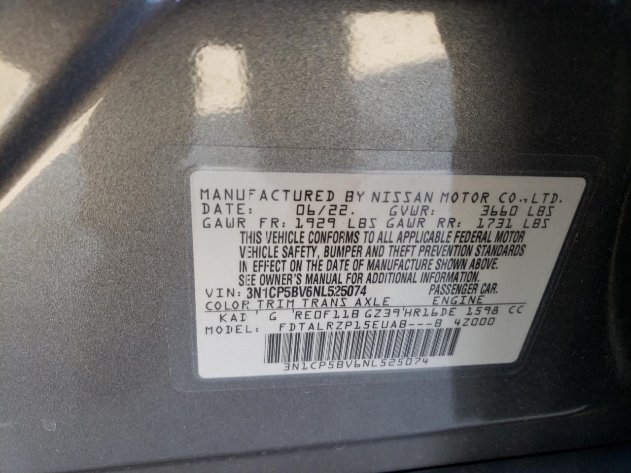 2022 NISSAN KICKS S VIN:3N1CP5BV6NL525074