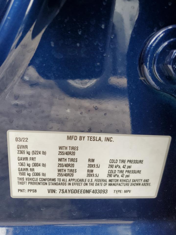2022 TESLA MODEL Y VIN:7SAYGDEE0NF403093