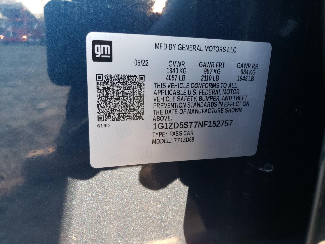 2022 CHEVROLET MALIBU LT VIN:1G1ZD5ST7NF152757