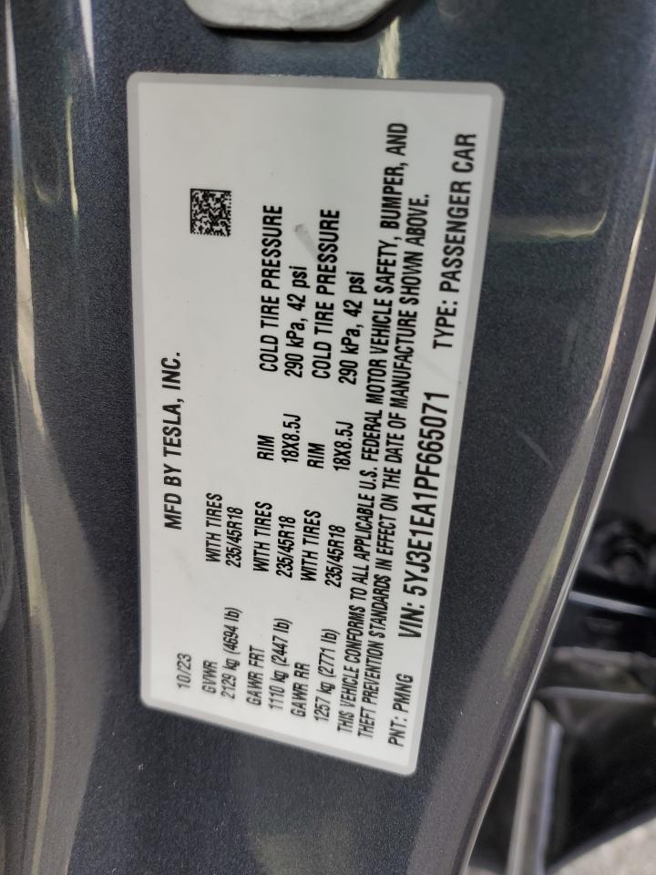 2023 TESLA MODEL 3 VIN:5YJ3E1EA1PF665071