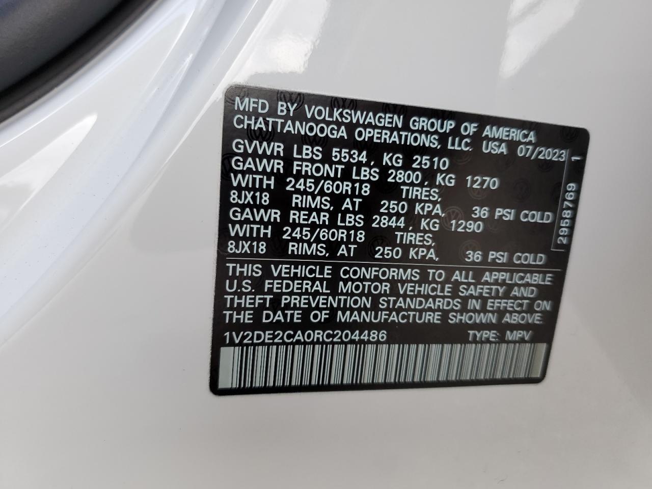 2024 VOLKSWAGEN ATLAS CROSS SPORT SE VIN:1V2DE2CA0RC204486