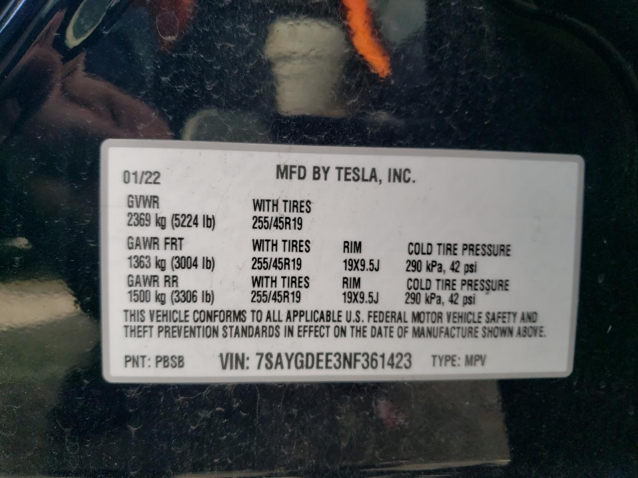 2022 TESLA MODEL Y VIN:7SAYGDEE3NF361423