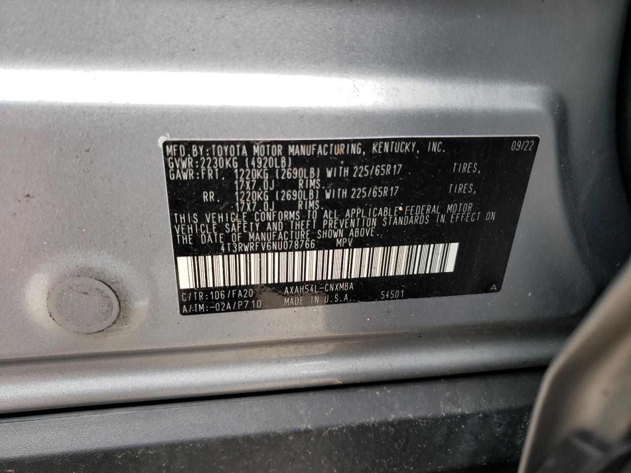 2022 TOYOTA RAV4 XLE VIN:4T3RWRFV6NU078766