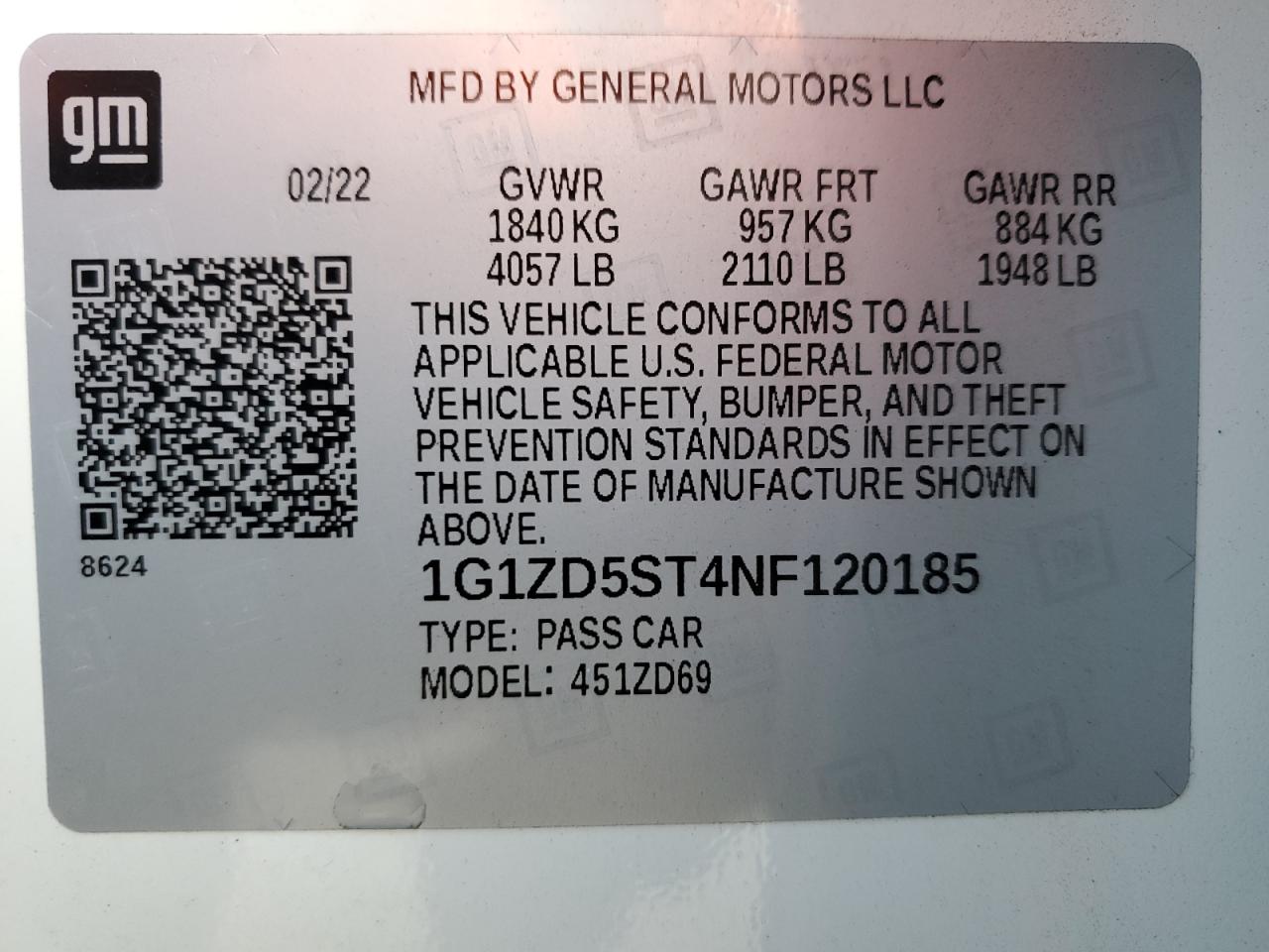 2022 CHEVROLET MALIBU LT VIN:1G1ZD5ST4NF120185