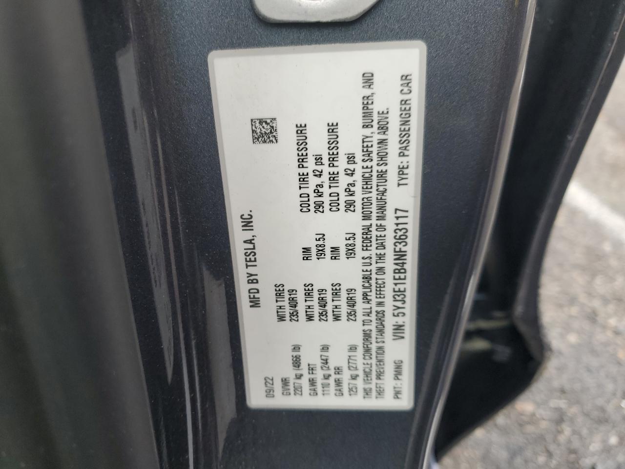 2022 TESLA MODEL 3 VIN:5YJ3E1EB4NF363117