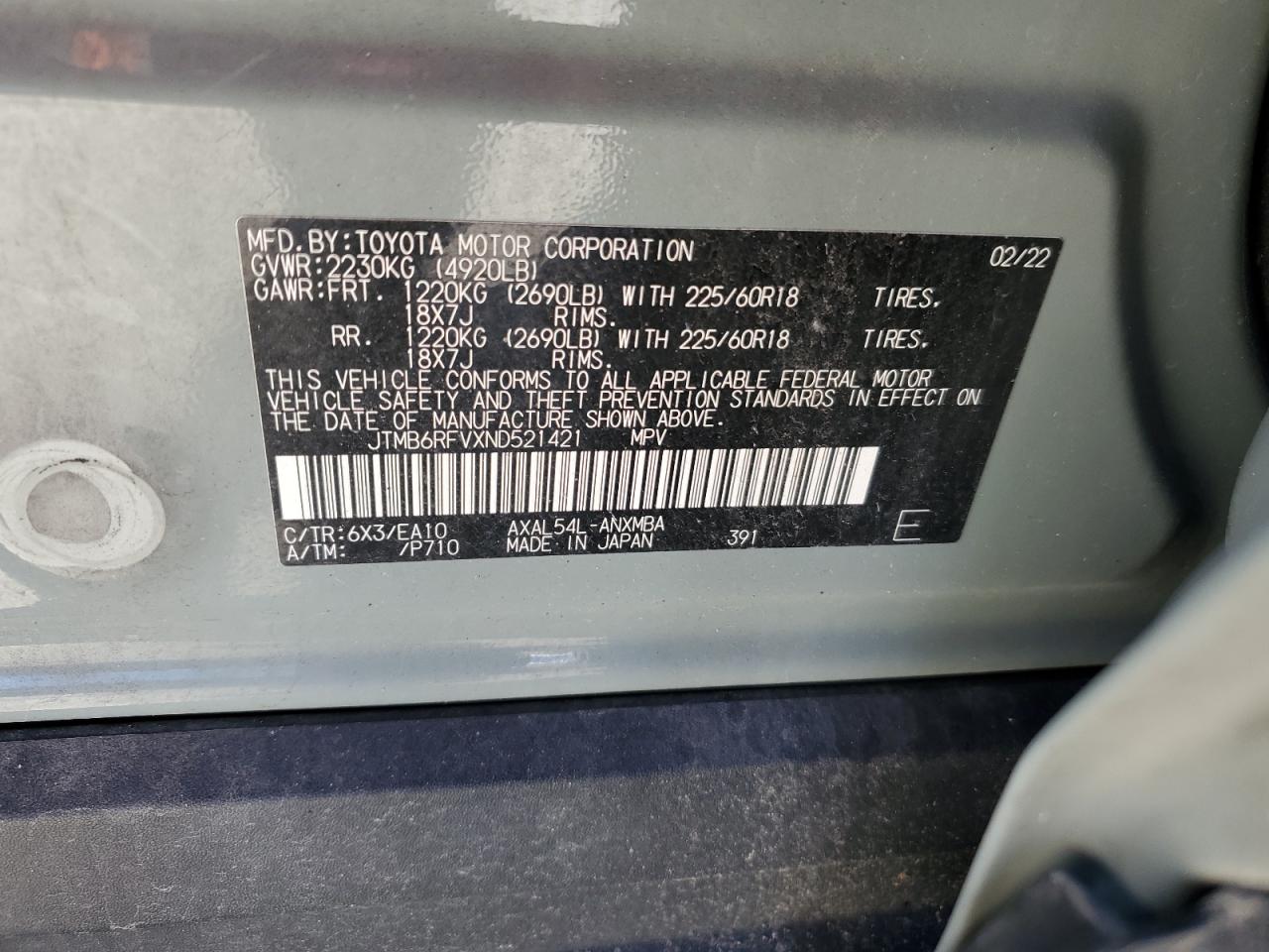 2022 TOYOTA RAV4 XLE PREMIUM VIN:JTMB6RFVXND521421