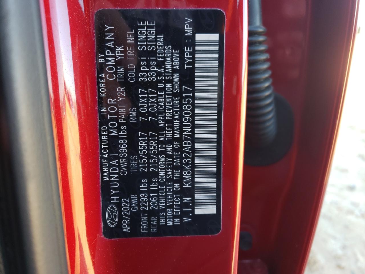 2022 HYUNDAI KONA SEL VIN:KM8K32AB7NU908517