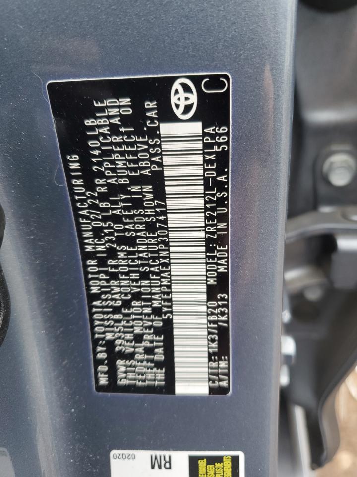 2022 TOYOTA COROLLA LE VIN:5YFEPMAEXNP307417