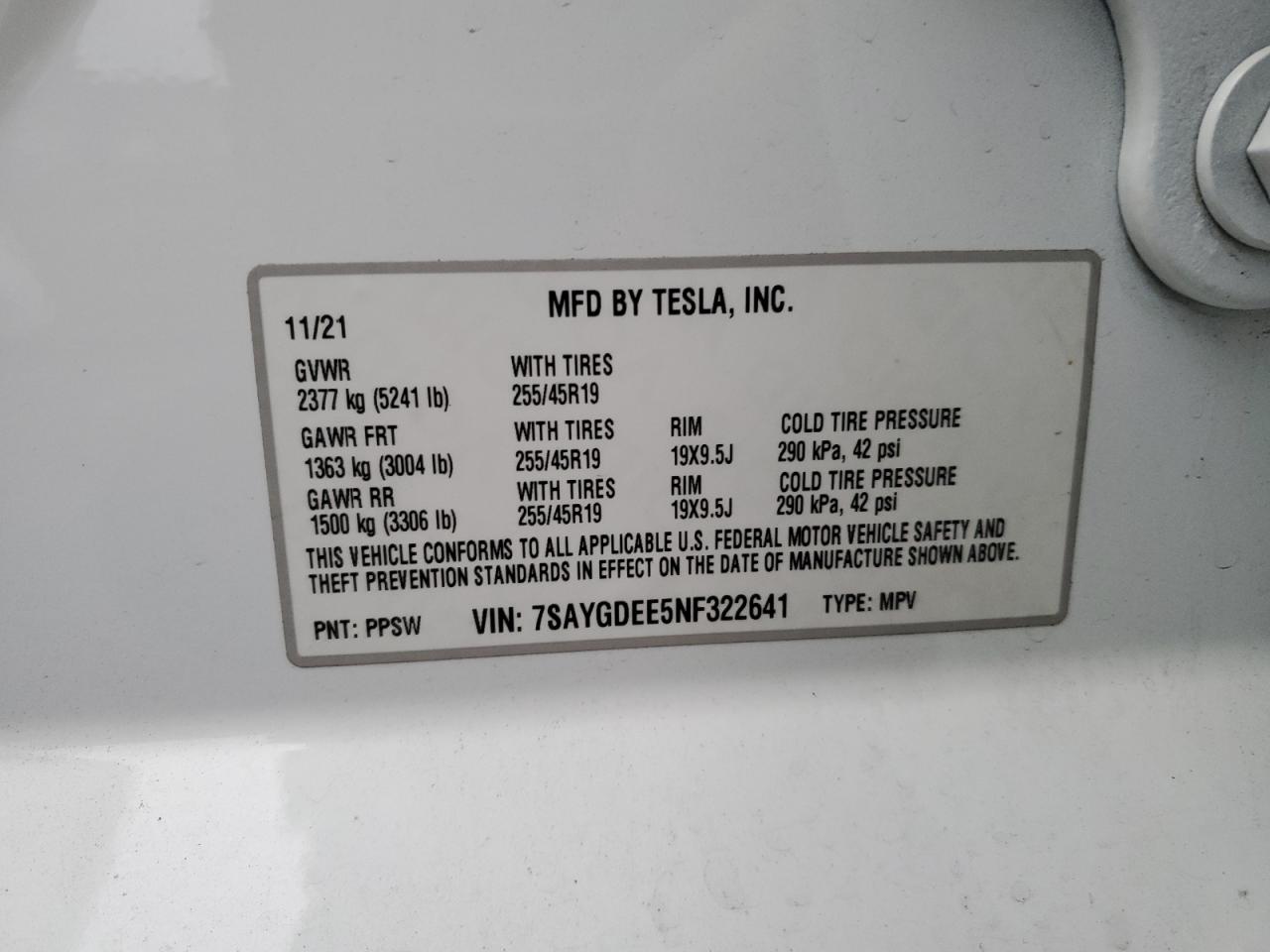 2022 TESLA MODEL Y VIN:7SAYGDEE5NF322641