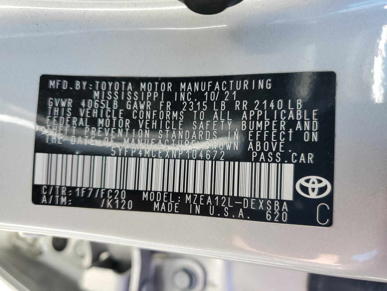 2022 TOYOTA COROLLA SE VIN:5YFP4MCEXNP104672