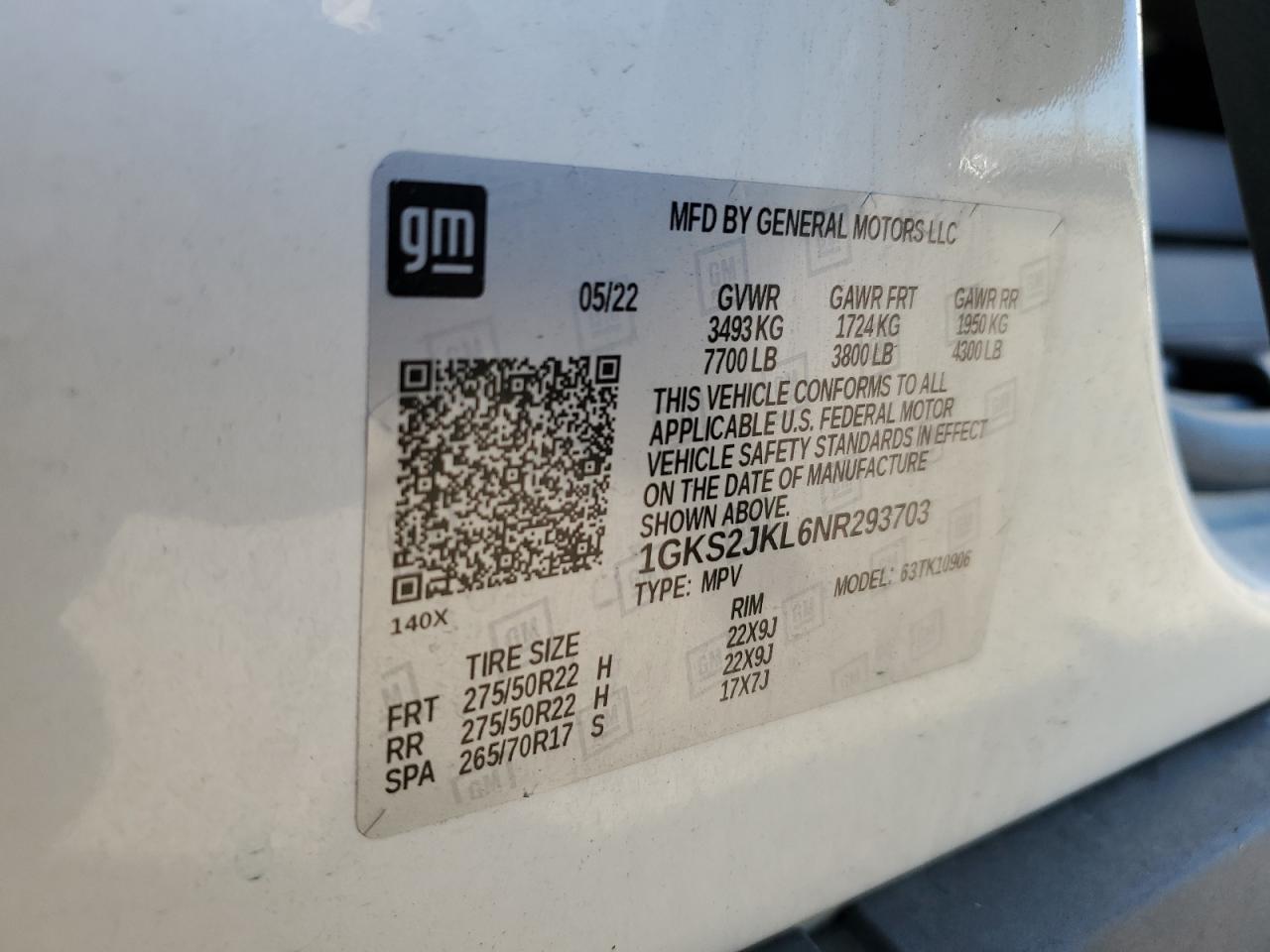 2022 GMC YUKON XL DENALI VIN:1GKS2JKL6NR293703