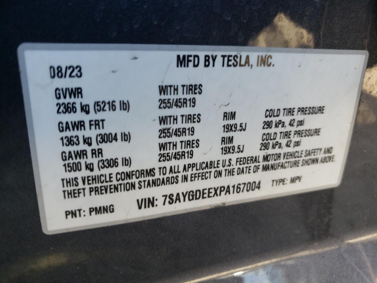 2023 TESLA MODEL Y VIN:7SAYGDEEXPA167004