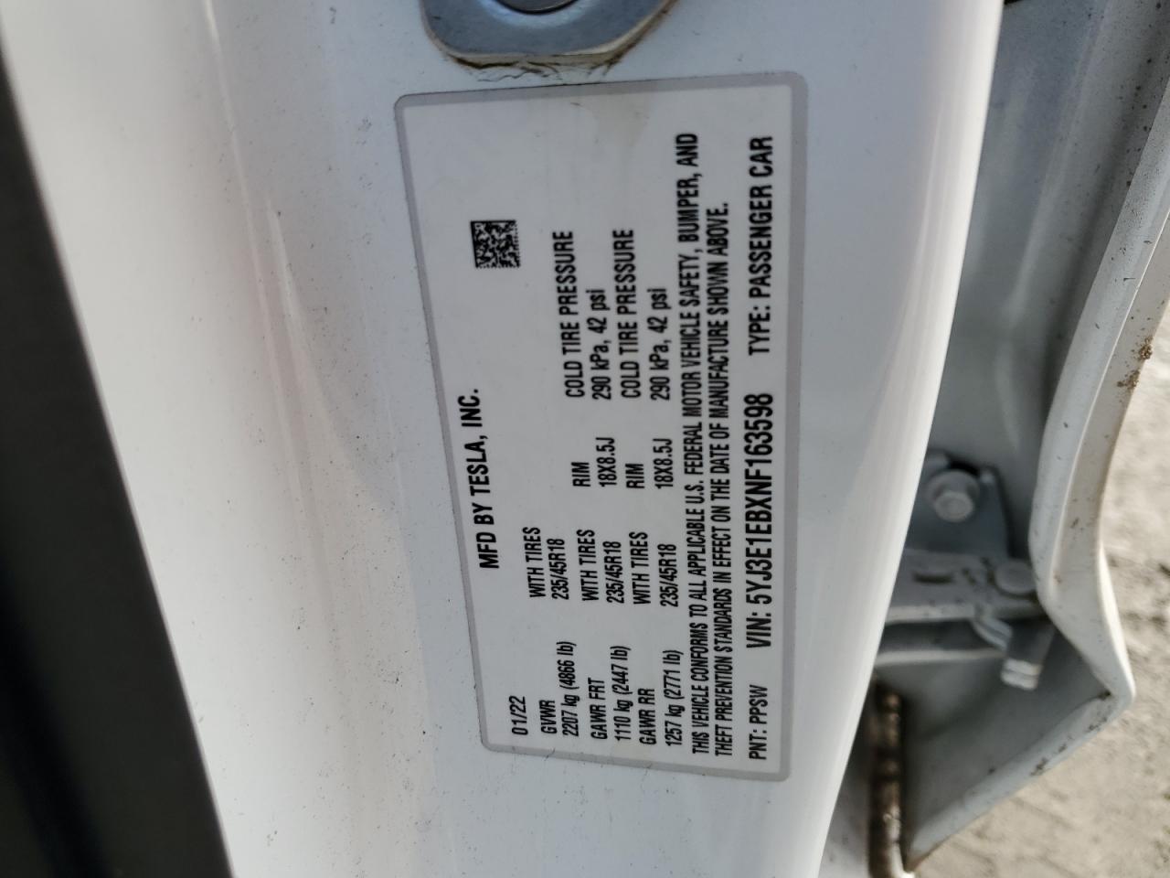 2022 TESLA MODEL 3 VIN:5YJ3E1EBXNF163598