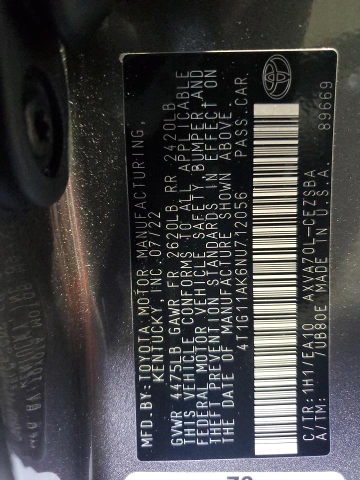 2022 TOYOTA CAMRY SE VIN:4T1G11AK6NU712056