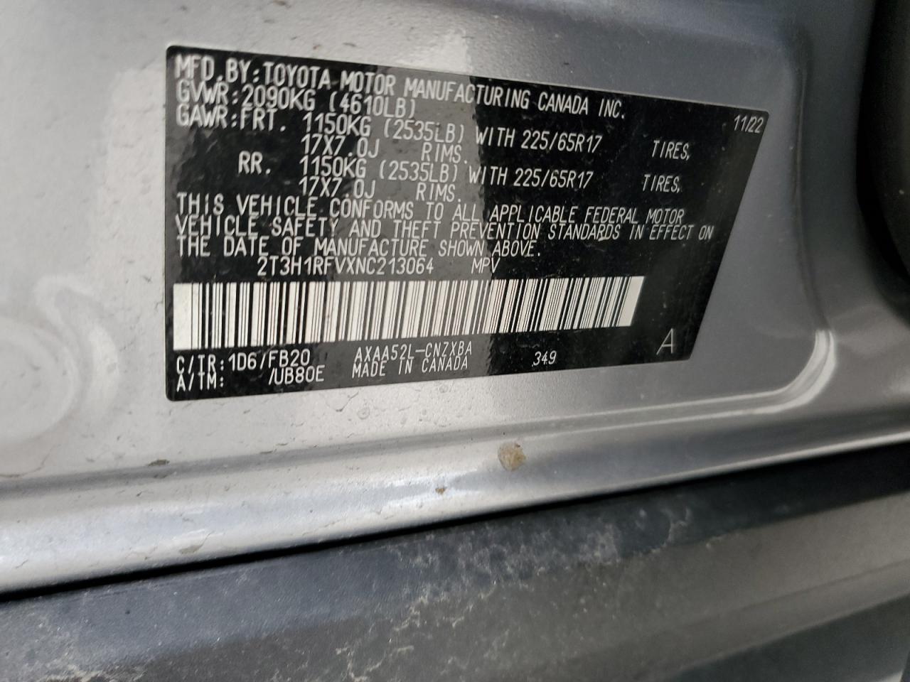 2022 TOYOTA RAV4 LE VIN:2T3H1RFVXNC213064